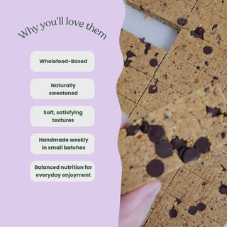 Why you'll love our Protein Bars: Wholefood-Based
Naturally sweetened
Soft, satisfying textures
Balanced nutrition for everyday enjoyment
Handmade weekly in small batches video showing 4 flavours