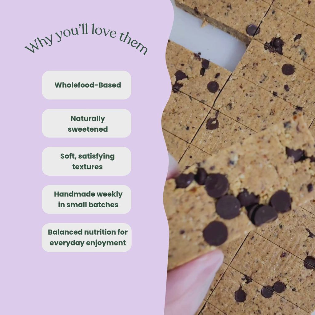 Why you'll love our Protein Bars: Wholefood-Based
Naturally sweetened
Soft, satisfying textures
Balanced nutrition for everyday enjoyment
Handmade weekly in small batches video showing 4 flavours
