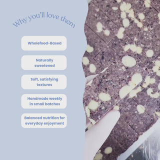 Video of BTS making Blueberry White Choc Crumble Wholefood Protein Bars with a list of why you will love them: Wholefood-Based
Naturally sweetened
Soft, satisfying textures
Balanced nutrition for everyday enjoyment
Handmade weekly in small batches