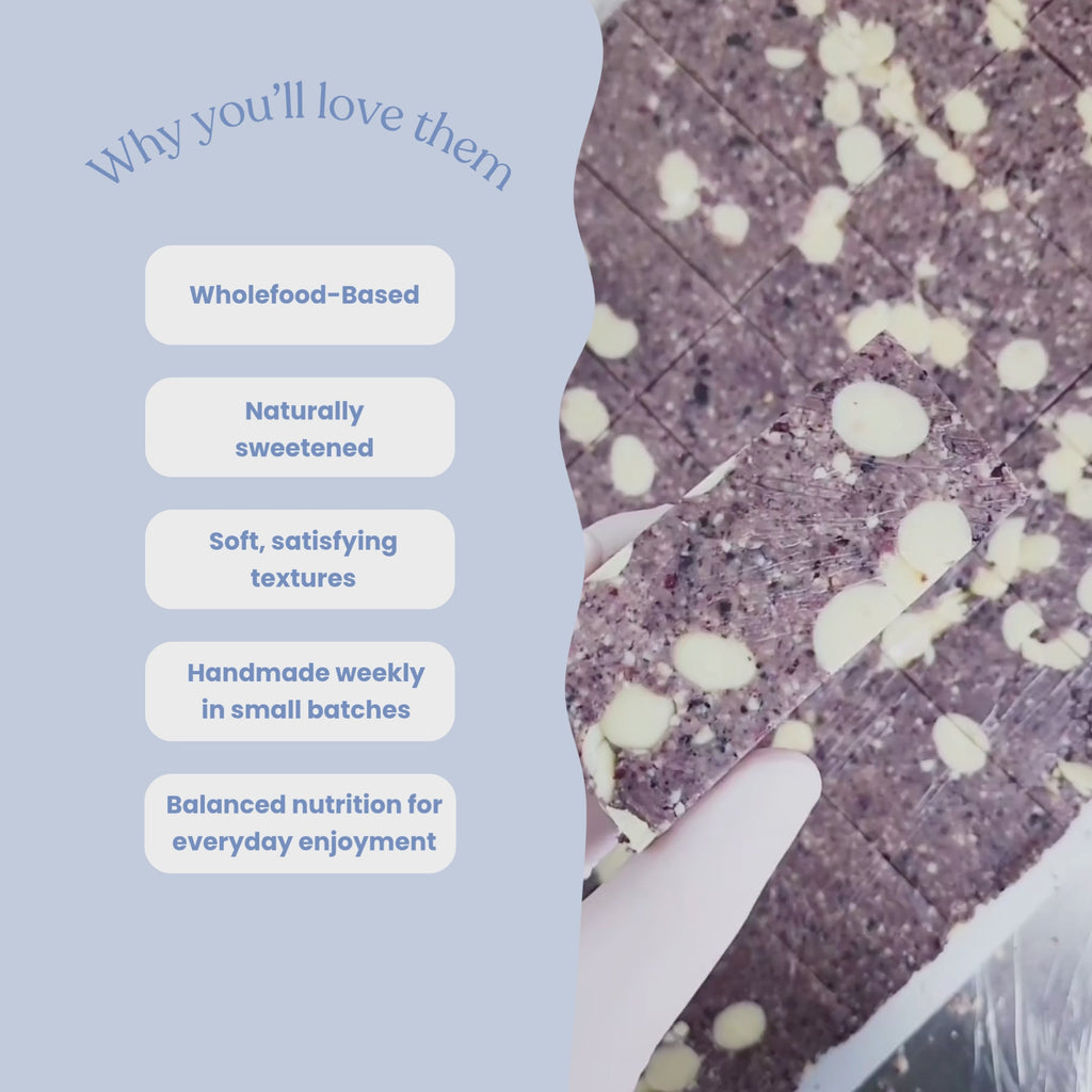 Video of BTS making Blueberry White Choc Crumble Wholefood Protein Bars with a list of why you will love them: Wholefood-Based
Naturally sweetened
Soft, satisfying textures
Balanced nutrition for everyday enjoyment
Handmade weekly in small batches