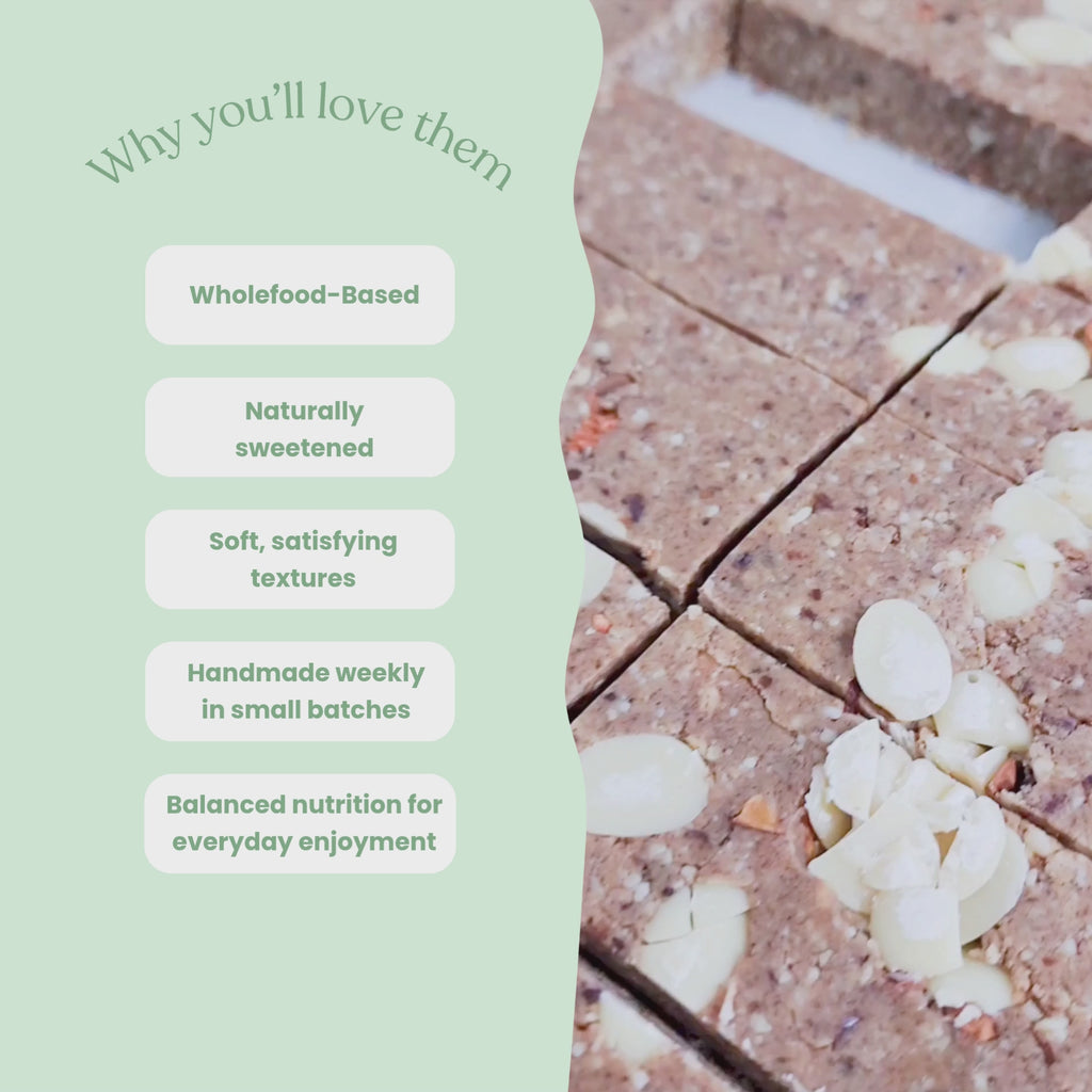 Video BTS making our Apple White Chocolate Wholefood Protein Bar with a list of why you'll love them: Wholefood-Based
Naturally sweetened
Soft, satisfying textures
Handmade weekly in small batches