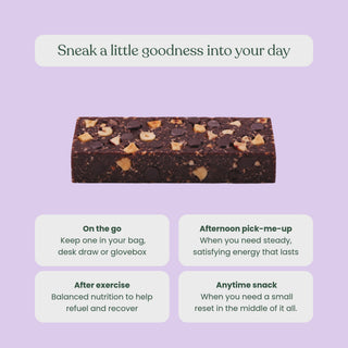 Sneaky Wholefoods animated graphic featuring four protein bar flavours and the message "Sneak a little goodness into your day," followed by suggested snack occasions: on the go, after exercise, afternoon pick-me-up, and anytime snack.