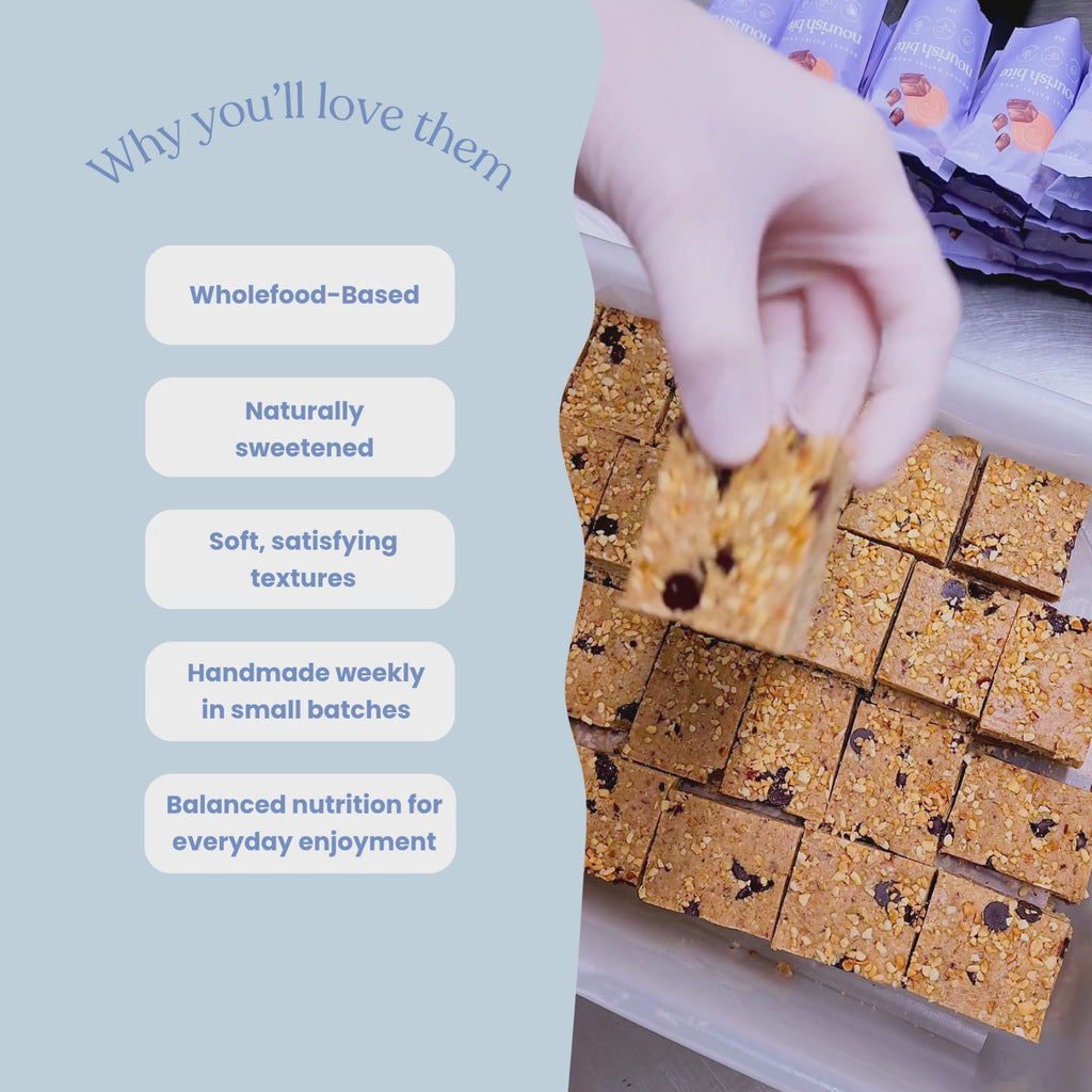 Video showcasing Sneaky Wholefoods peanut butter cookie nourish bites in a production setting, switching between different flavours while highlighting key features including wholefood-based ingredients, naturally sweetened, soft satisfying textures, handmade weekly in small batches, and balanced nutrition for everyday enjoyment.
