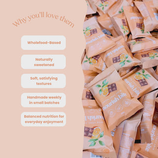Video showcasing Sneaky Wholefoods jaffa choc chip nourish bites in a production setting, switching between different flavours while highlighting key features including wholefood-based ingredients, naturally sweetened, soft satisfying textures, handmade weekly in small batches, and balanced nutrition for everyday enjoyment.