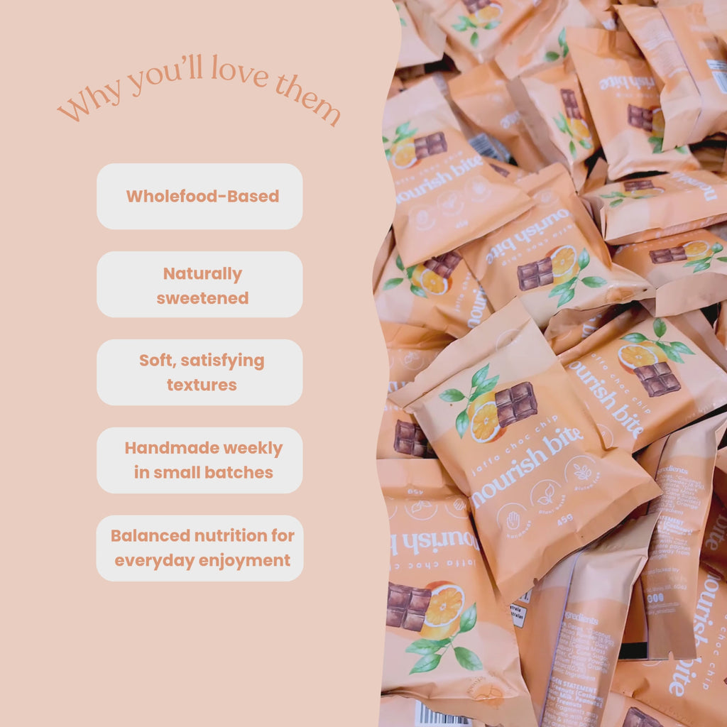 Video showcasing Sneaky Wholefoods jaffa choc chip nourish bites in a production setting, switching between different flavours while highlighting key features including wholefood-based ingredients, naturally sweetened, soft satisfying textures, handmade weekly in small batches, and balanced nutrition for everyday enjoyment.