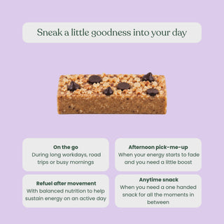 Sneaky Wholefoods animated graphic featuring sneaky wholefoods nourish bites and the message "Sneak a little goodness into your day," followed by suggested snack occasions: on the go, after exercise, afternoon pick-me-up, and anytime snack.