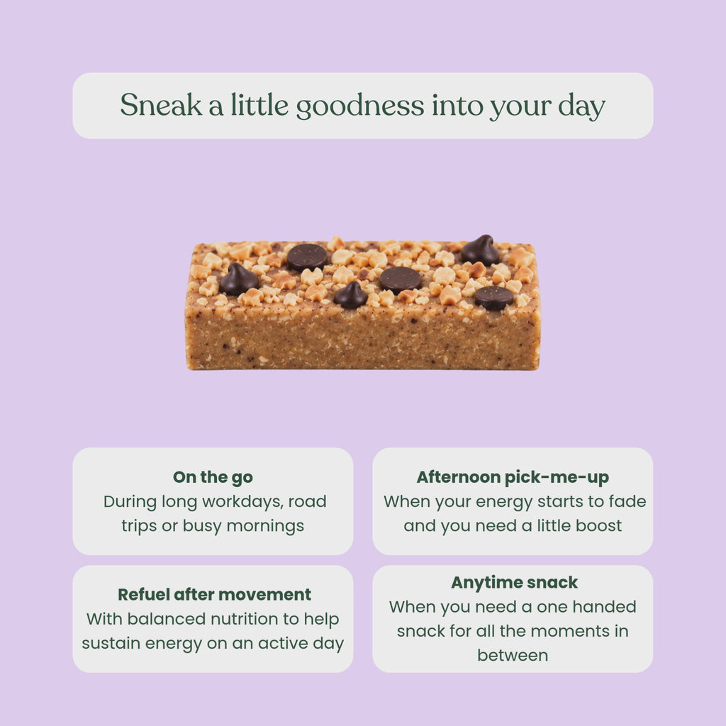 Sneaky Wholefoods animated graphic featuring sneaky wholefoods nourish bites and the message "Sneak a little goodness into your day," followed by suggested snack occasions: on the go, after exercise, afternoon pick-me-up, and anytime snack.