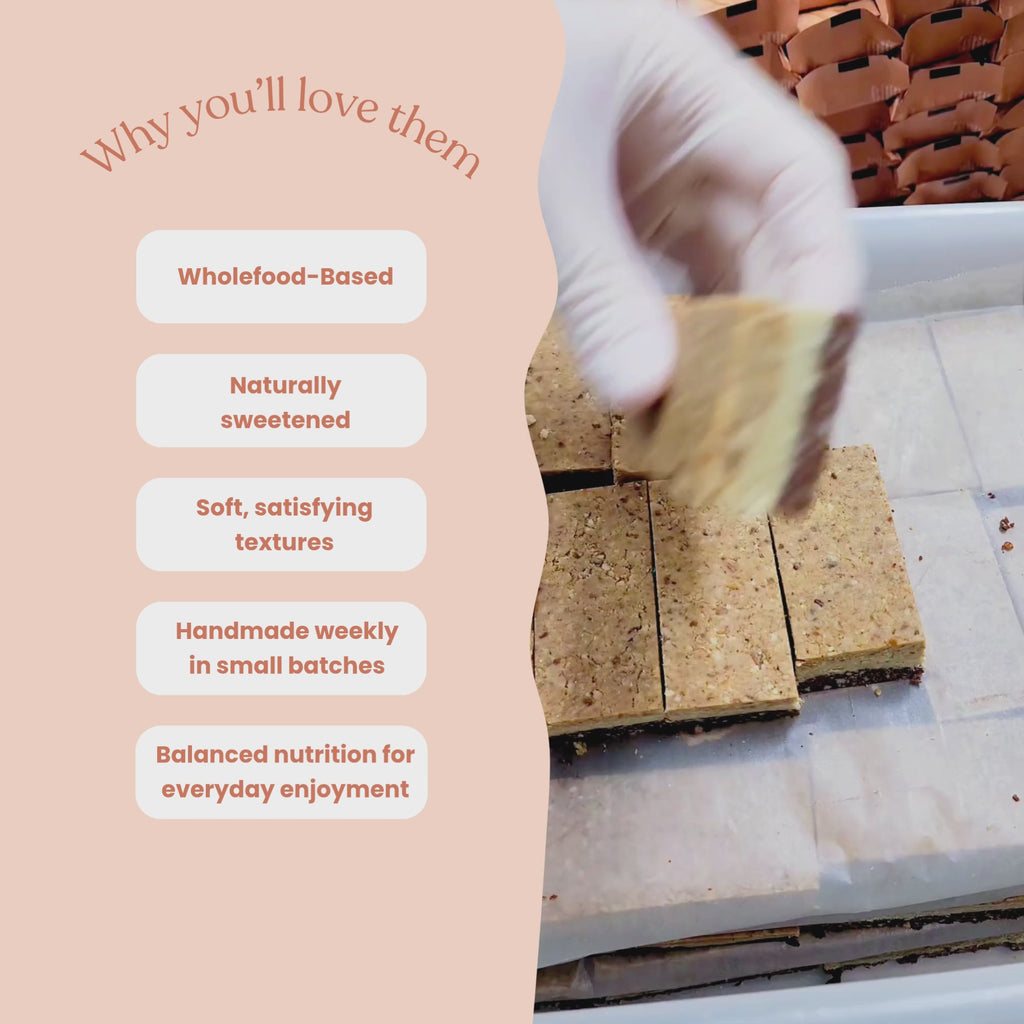 Video BTS making Peanut Butter Caramel Snick Snack Protein Bars and a Why you’ll love them list: Wholefood-Based
Naturally sweetened
Soft, satisfying textures
Balanced nutrition for everyday enjoyment
Handmade weekly in small batches
