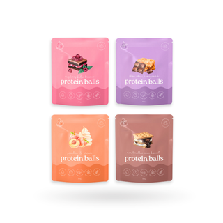 Raspberry Fudge Brownie, Peaches and Cream, Choc Chip Honeycomb, and Marshmallow Choc Biscuit. Made from real ingredients, these plant-based, gluten-free, and high-protein mixes provide a nutrient-packed snack with indulgent taste.