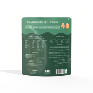 Back of the packet for Sneaky Wholefoods Gingerbread Cookie Dough Protein Ball Mix, featuring detailed nutritional information, ingredient list, and preparation instructions, emphasizing the protein-packed, festive blend of cashews, dates, ginger, and creamy white chocolate for a wholesome Christmas treat.