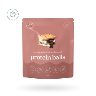 Protein ball package with marshmallow and cookie illustration on a white background