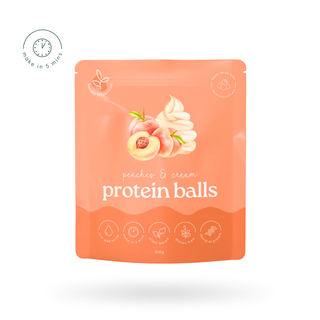 Protein ball package with peach and cream design on a white background