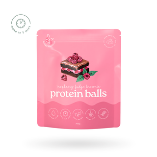 Sneaky Wholefoods Raspberry Brownie Protein Ball Mix, made with rich dark chocolate chips and tangy freeze-dried raspberries. A nutrient-packed, plant-based, gluten-free snack that combines real ingredients for a decadent, dessert-inspired flavour, perfect for a wholesome treat.